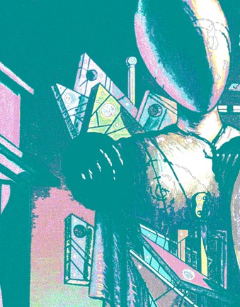 An ammended version of Giorgio de de Chirico's Hector and Andromache (1918).