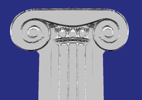A roman or greek column, silver on a blue background