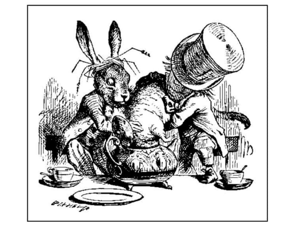 An illustration by Tenniel of the Mad Hatter's Tea Party