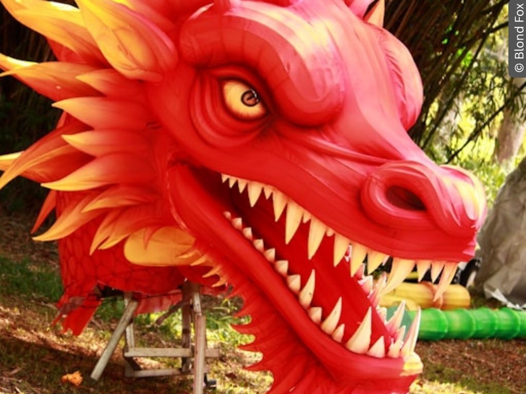 A fabric sulpture of a red dragon.