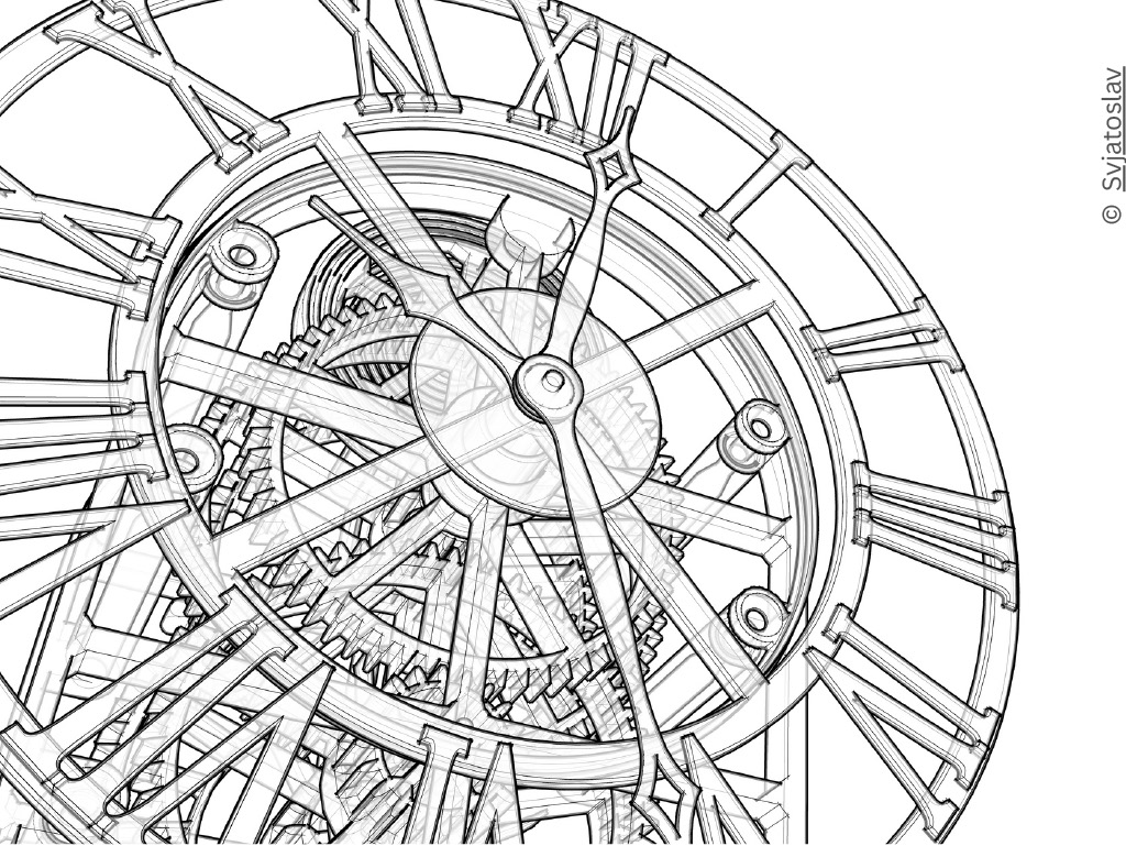 A black and white line drawing of the innards of a clock.